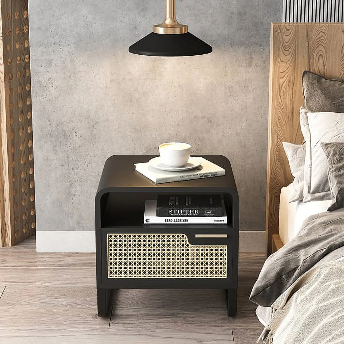 homary Minimalist Nightstand Rattan Woven Bedside Table with 1 Drawer Bedroom Furniture End Table Black