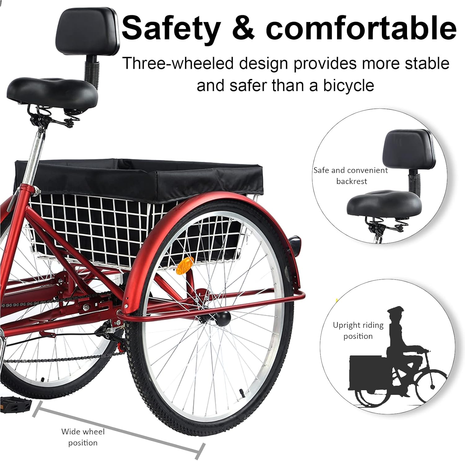 Adult Tricycle, 7 Speed Tricycles for Adults, 26 Inch Cruise Trike, Three Wheel Bikes with Large Basket & Low-Step Through Frame & Lock Kit