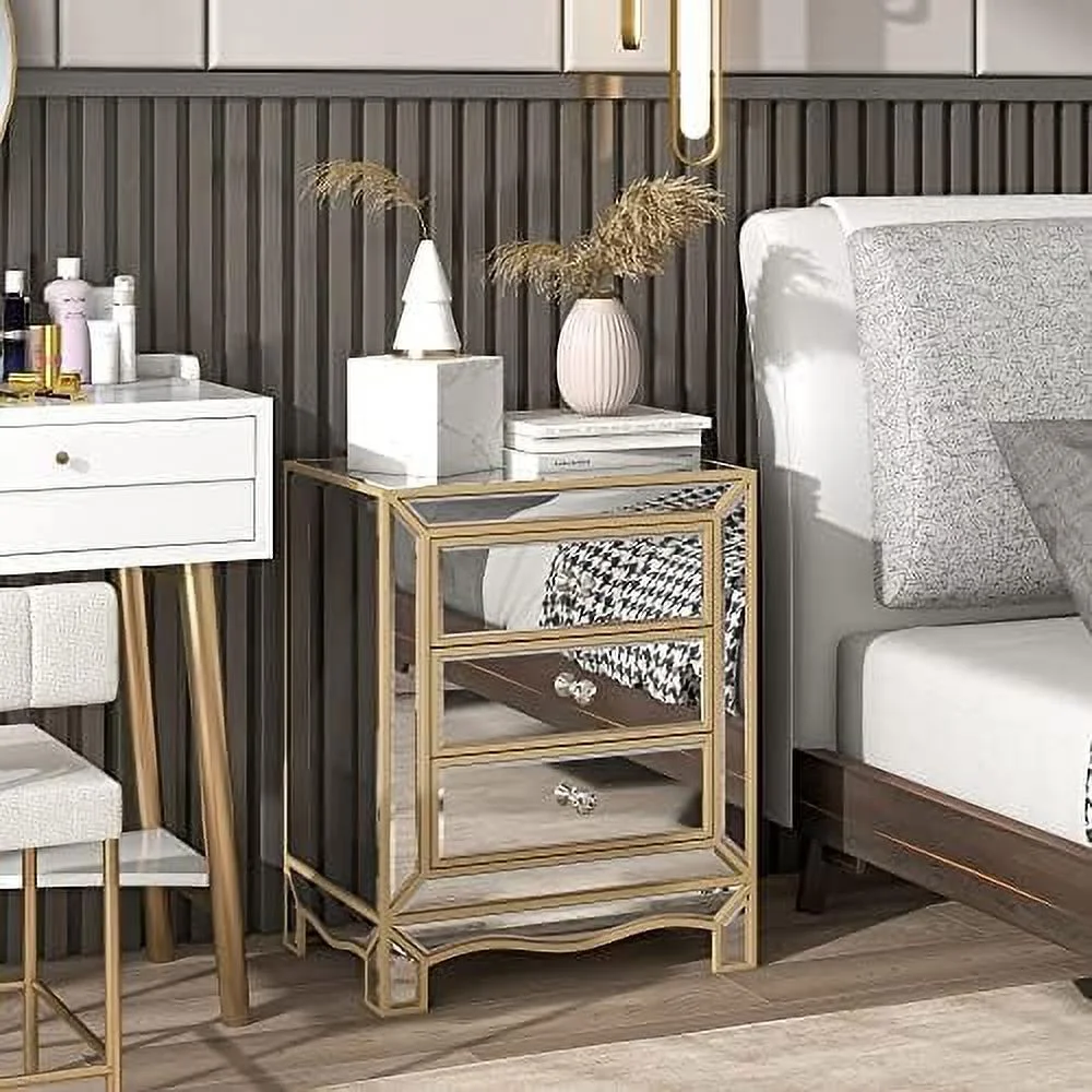 TJBOLIFE Mirrored Nightstand Bedside Table  Modern 3-Drawer Mirrored Accent End Tables Sofa  with Crystal-Style Knobs for Bedroom  Living Room