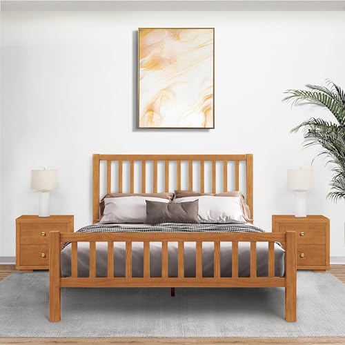 Hampton Wooden Platform Bed with 2 Nightstands | Modern Low-Profile Bed with Full Slat Support System - No Box Spring Needed, Easy Assembly | Cherry