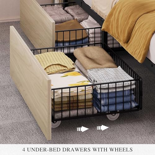 YITAHOME Queen Bed Frame with Bookcase Headboard and 4 Storage Drawers, RGB LED Bed Frame with Type-C & USB Charging Station Storage Headboard Bed