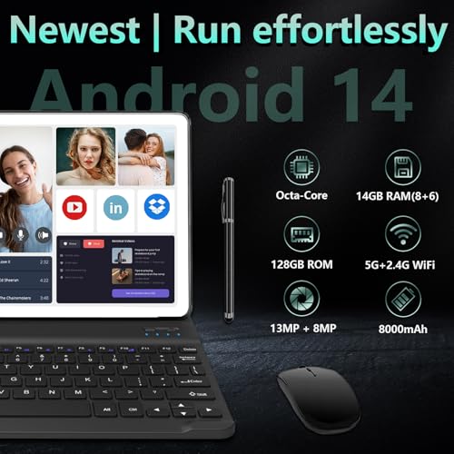 Android 14 Tablet 10 Inch, 4G Cellular Tablets, Octa-Core, 128GB Storage + 14(8+6)GB RAM/ 1TB Expandable, 5G WiFi, 8000mAh Battery, Bluetooth 5.0