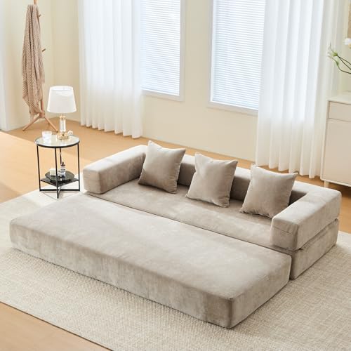 Convertible Sleeper Sofa Bed with Cylindrical Pillow, Corduroy Folding Mattress Couch with Fixed-Shape Frame