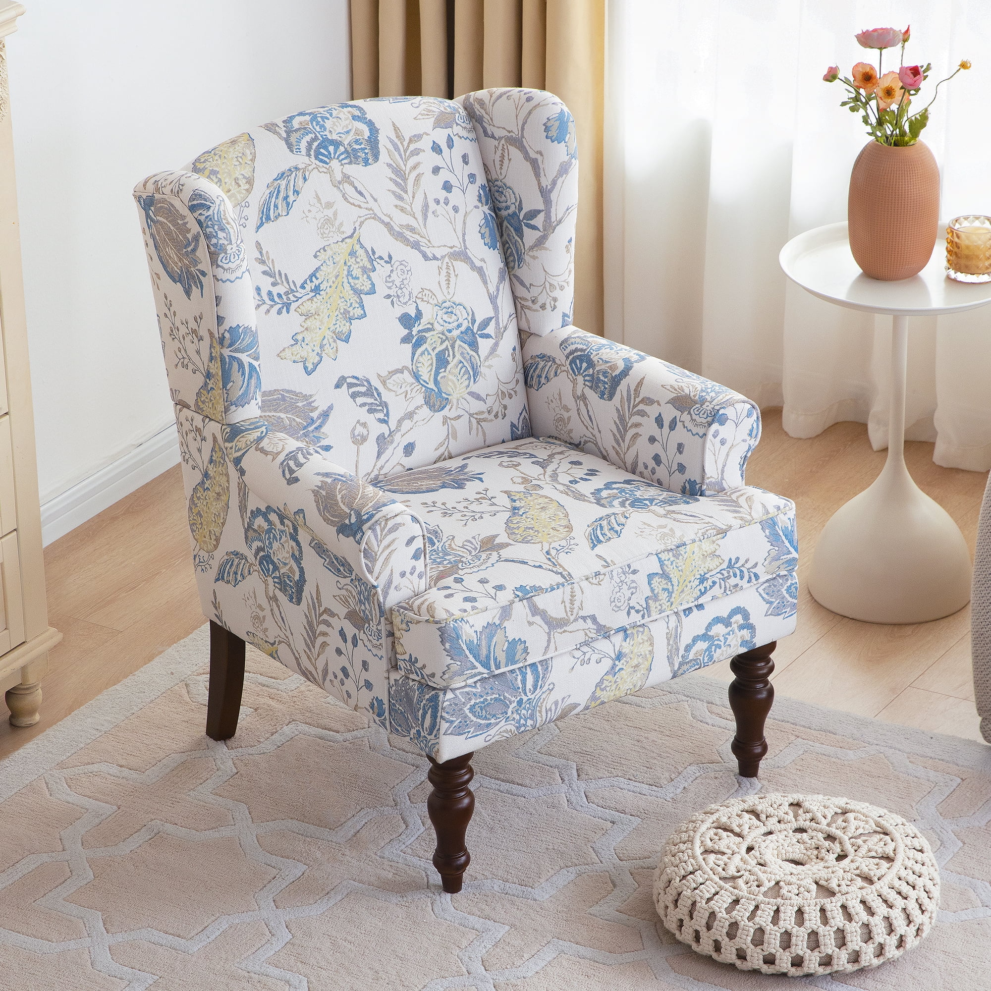HUIMO Wingback Accent Chair for Living Room, Mid Century Modern Fabric Armchair with Wooden Legs