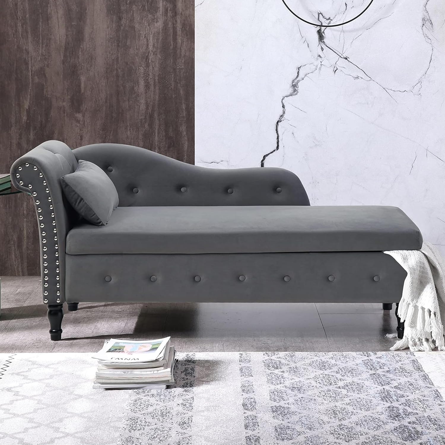 Bellemave Velvet Chaise Lounge Chair with Storage, Upholstered Sleeper Sofa Bed with 1 Pillow, Buttons Tufted Multifunctional Lounge Indoor