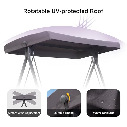PURPLE LEAF Outdoor Patio Porch Swing with Adjustable PVC Canopy, 3-seat Swing Chair Bench with Side Cup Holder for Backyard Front Porch Lawn