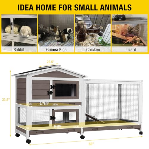 Aivituvin Rabbit Hutch 93.7" Large Rabbit Cage Indoor Outdoor Guinea Pig Cage Chicken Coop on Wheels Bunny Cage with 4 Deep No Leakage Pull Out Tray