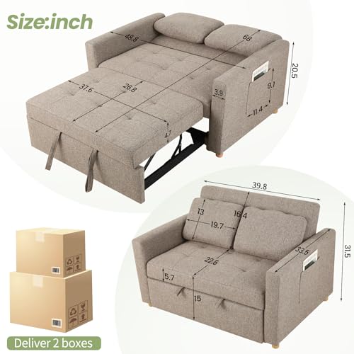 SEJOV 3-in-1 Convertible Sofa Bed, Linen Fabric Sleeper Couch Pull Out Bed, 49" 2-Seater Loveseat Futon Sofa with Spring Support