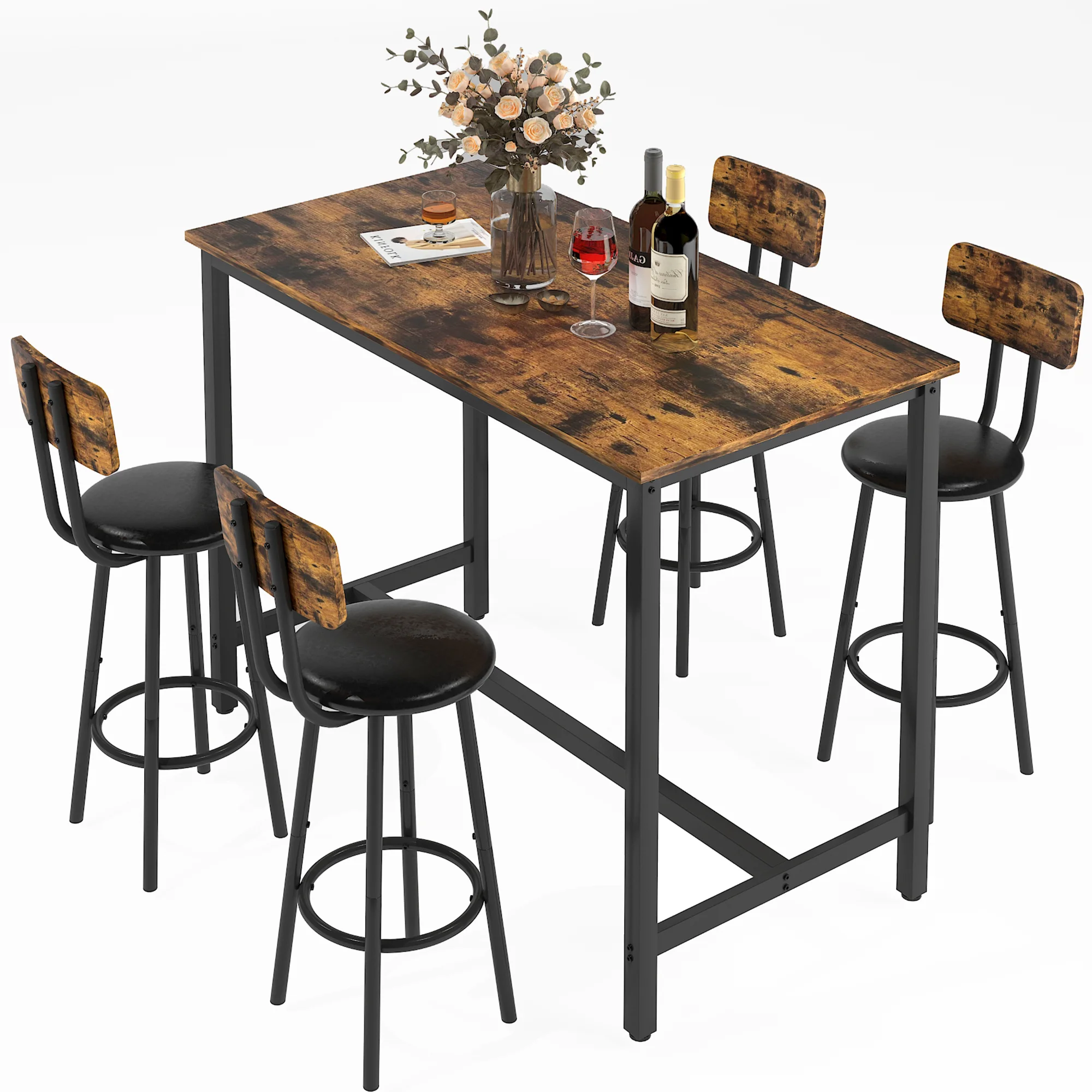 Paproos 5 Piece Dining Table Set, Bar Height Kitchen Table and Upholstered Stools with Backrest, Wooden Table Top and Metal Frame
