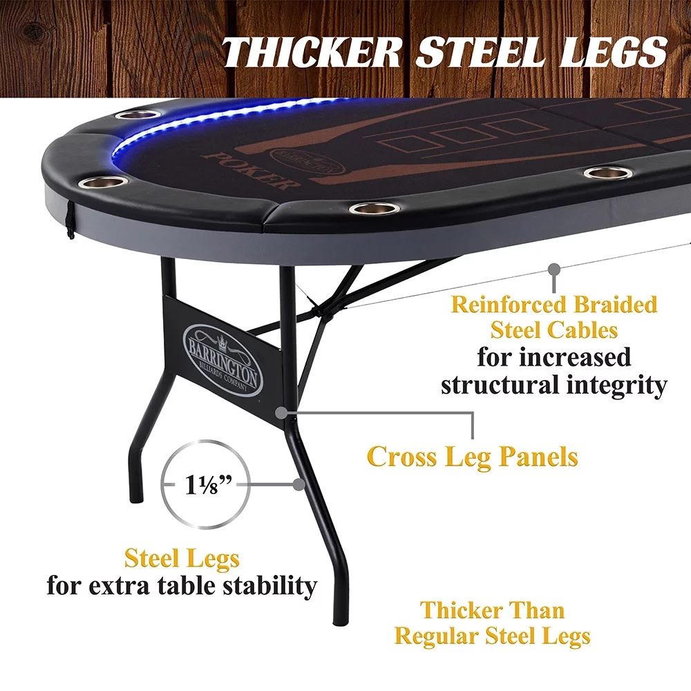 Barrington 10-Player Poker Table with In-laid LED Lights, Brown and Black