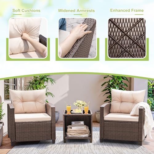 Devoko 3 Pieces Patio Furniture Set, PE Rattan Wicker Patio Set with Two Outdoor Chairs and Table, Upgraded Patio Chairs and Table for Porch