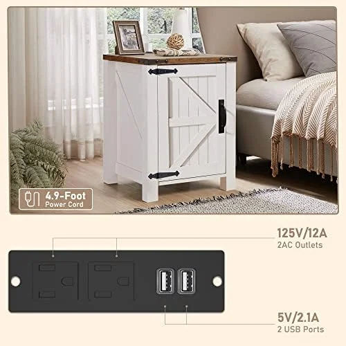 BBNBDMZ Nightstand w/Charging Station  18 Inch Farmhouse End Table w/Barn Door and Adjustable    Rustic Wood Sofa Side Table w/Magnetic Door for