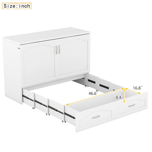 Queen Size Murphy Wall Bed with Storage, Bookcase Headboard, Solid Wood Cabinets, Shelves, Drawers and USB Ports