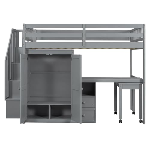 Harper & Bright Designs Twin Size Loft Bed with Stairs and Bookshelf, Wood Twin Storage Bed with Desk & Wardrobe