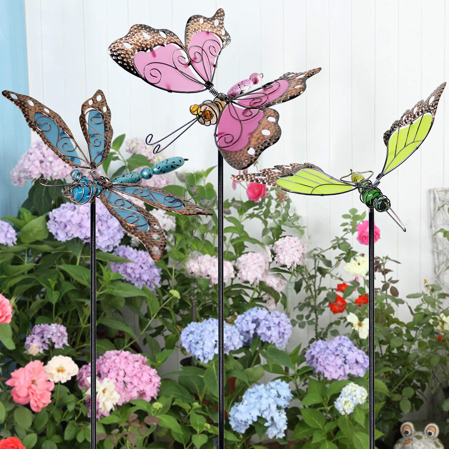 Juegoal 34 Inch Butterfly Garden Stakes Decor, Dragonfly Hummingbird Stakes, Glow in Dark Metal Yard Art for Mom, Mothers Day Ideal Gifts