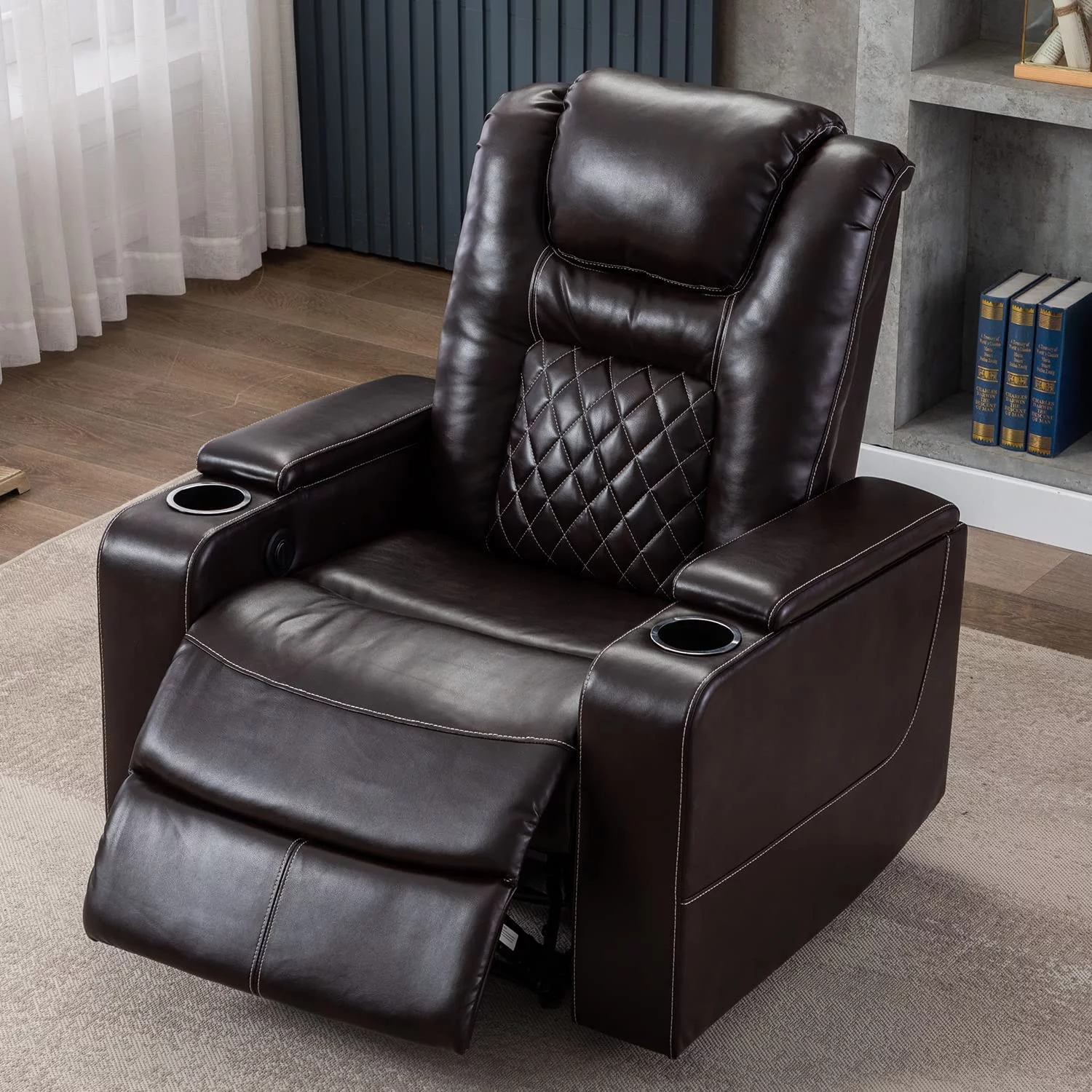 Ebello Power Recliner Chair, Leather Home Theater Seating, Living Room Chair Brown