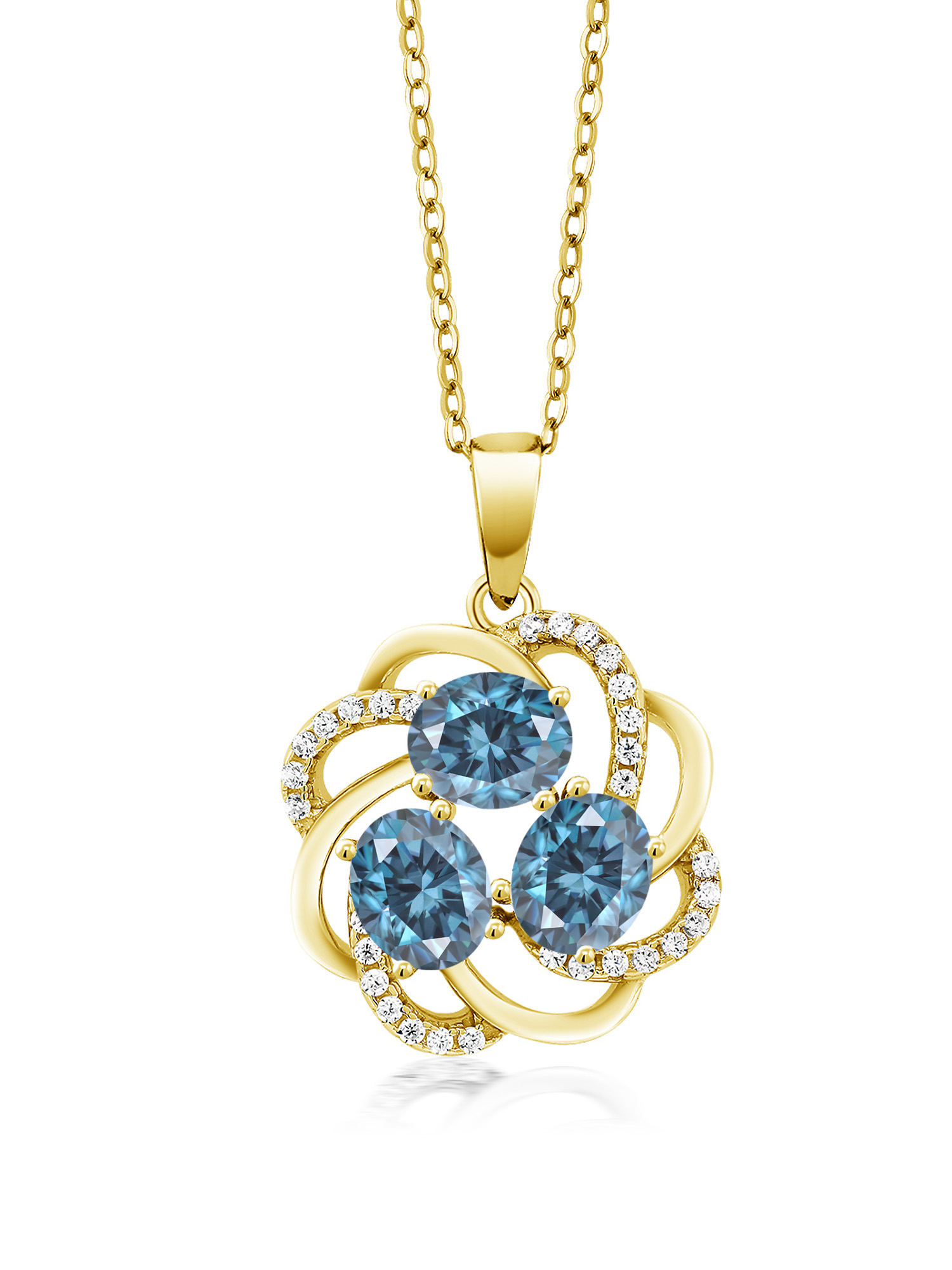 Gem Stone King 18K Yellow Gold Plated Silver Oval Persian Blue Moissanite Pendant Necklace For Women (1.72 Cttw, with 18 inch Chain)