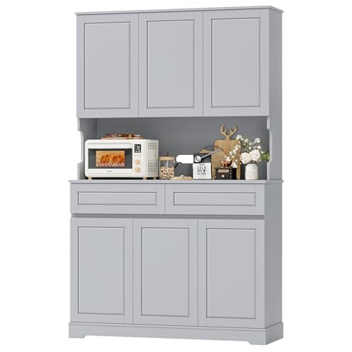 74" Pantry Cabinet, Tall Kitchen Pantry Cabinet with 6 Doors and 2 Drawers, Kitchen Hutch with Wide Countertop