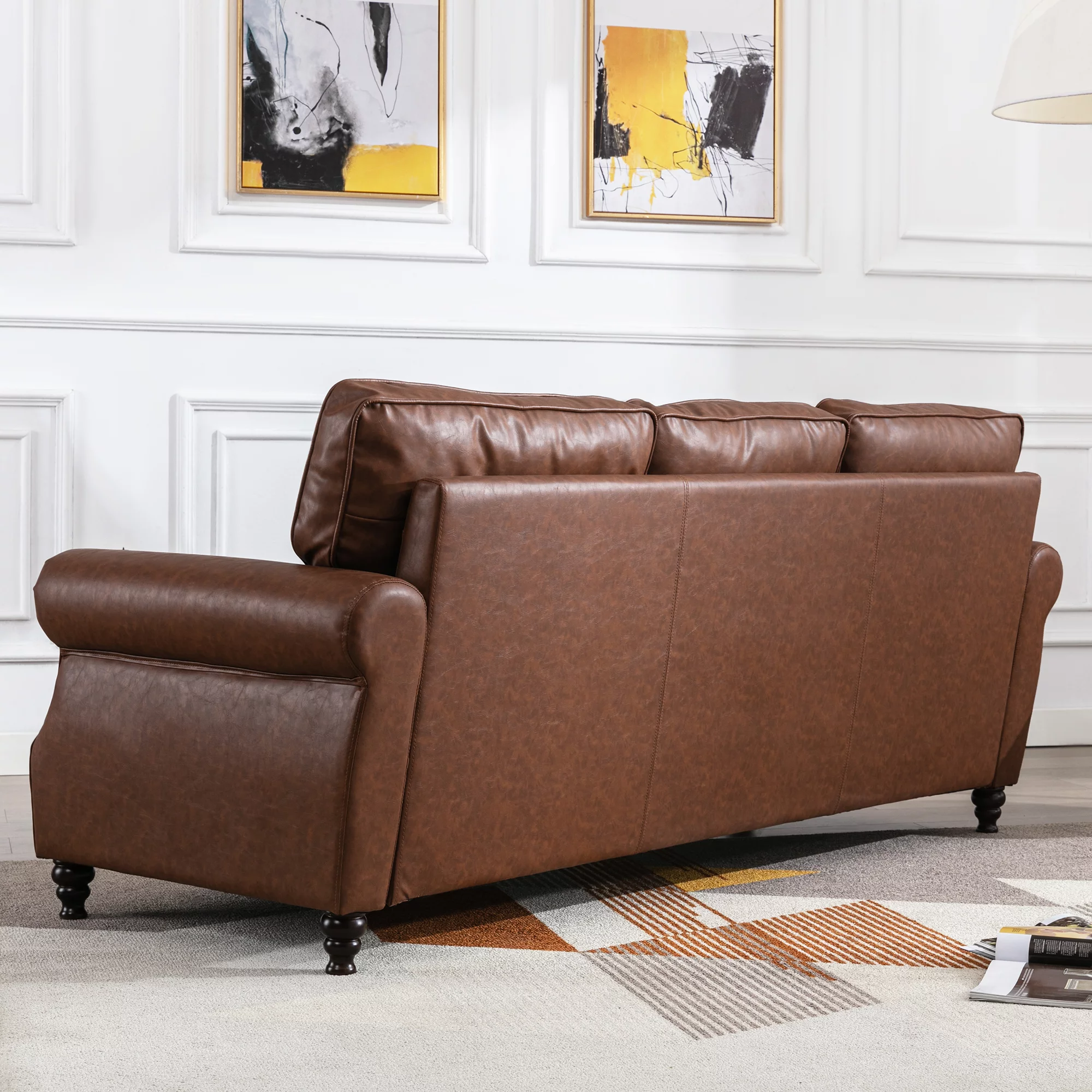 Dreamsir 80" Faux Leather Sofa Couch - Traditional 3-Seater with Nailhead Trim, Rolled Arms, and Easy Assembly (Chocolate Brown)