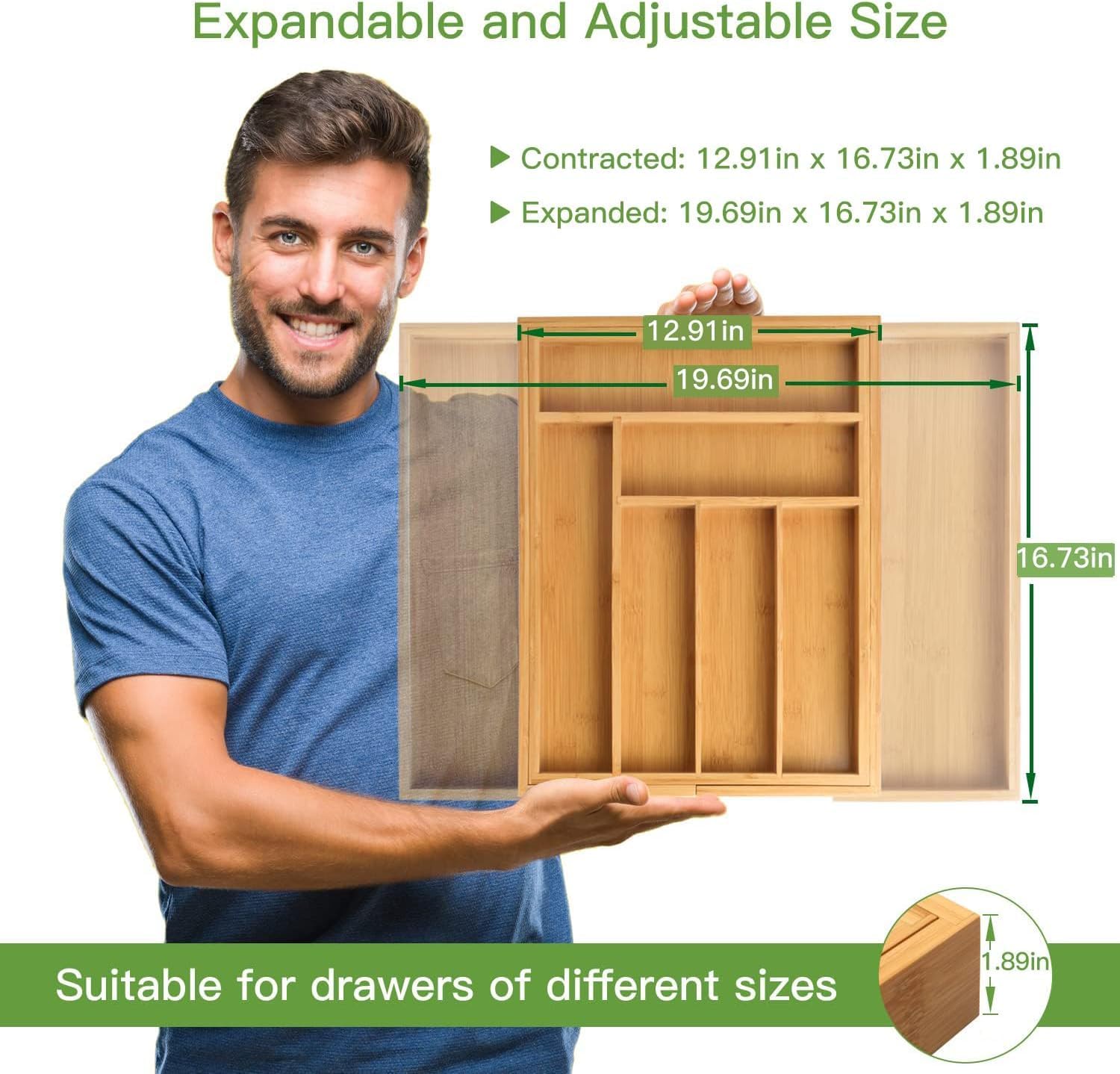 Pipishell Bamboo Expandable Silverware Drawer Organizer, Adjustable Kitchen Utensil Tray for Forks, Spoons and Knives