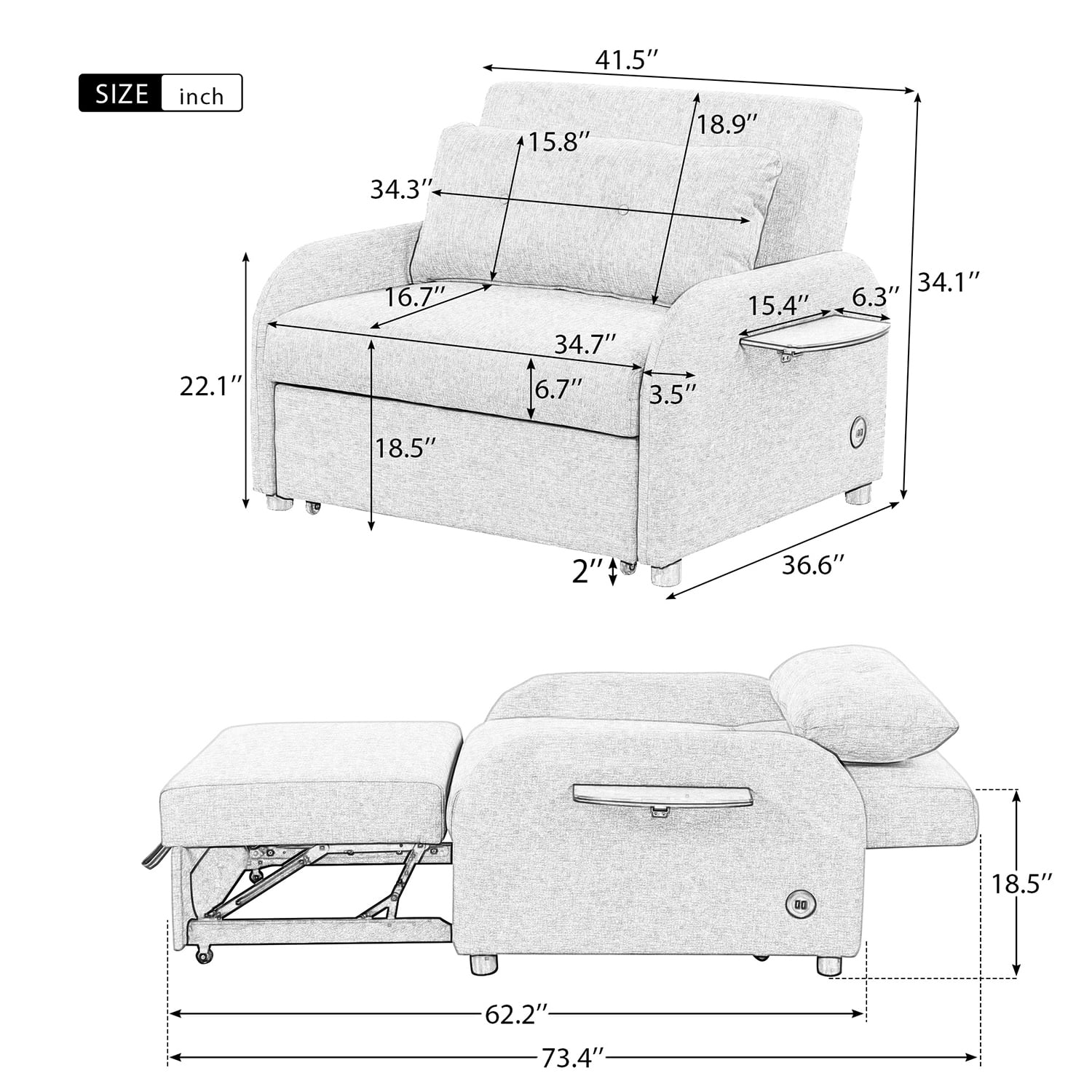 Churanty Sofa Bed Chair 3 in 1 Convertible Lounger Sleeper Single Recliner for Small Space with Adjustable Backrest