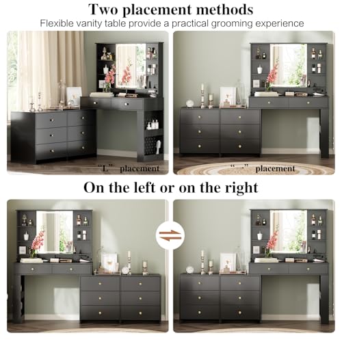 Large Makeup Vanity Desk with Mirror and Lights, Vanity Desk with 8 Drawers & Storage Shelves, Vanity Table with Power Outlet