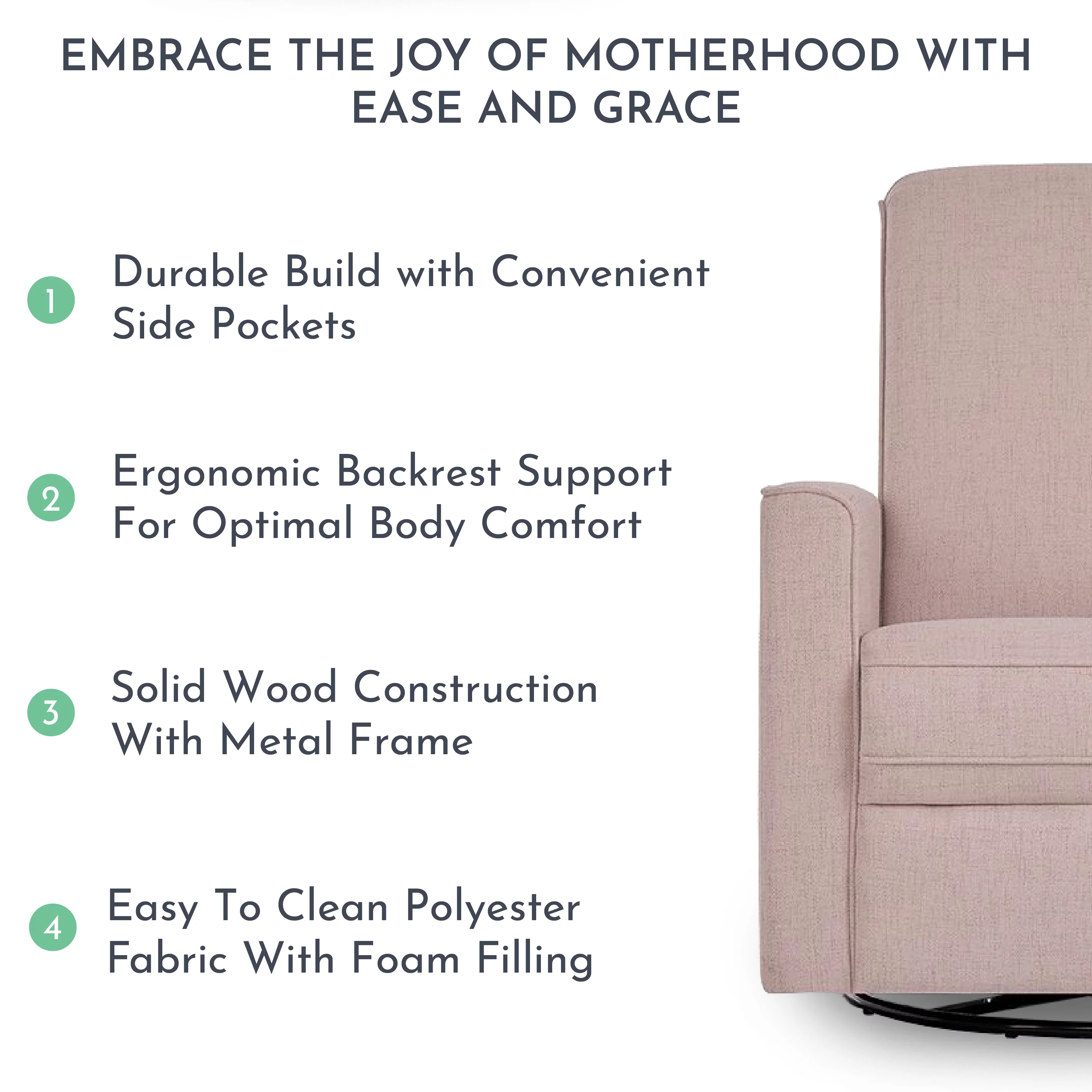 Evolur Raleigh Glider Recliner Rose with High Backrest Support, Durable Polyester Fabric