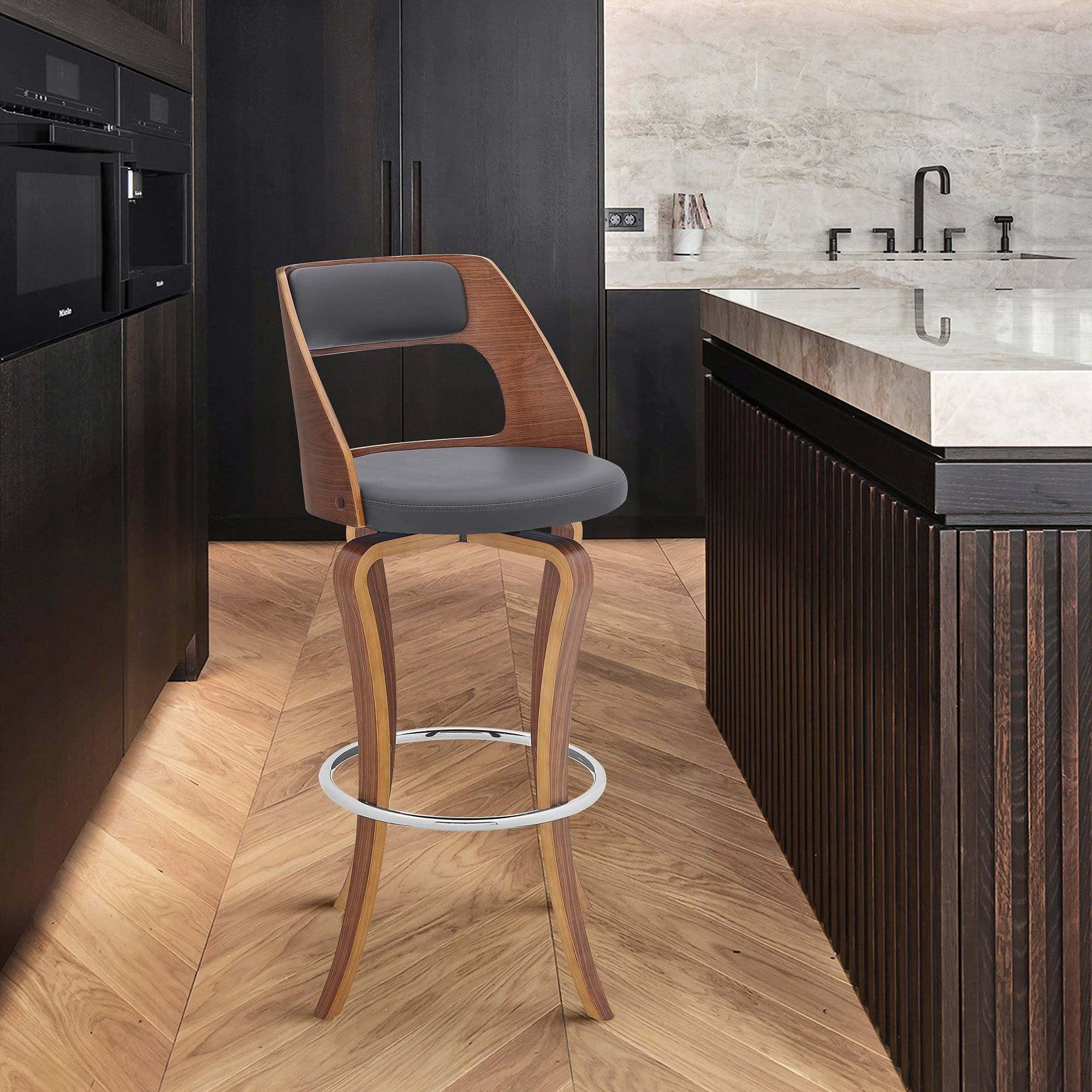 Armen Living Grady 26x22 Swivel Gray Faux Leather and Walnut Wood Bar Stool