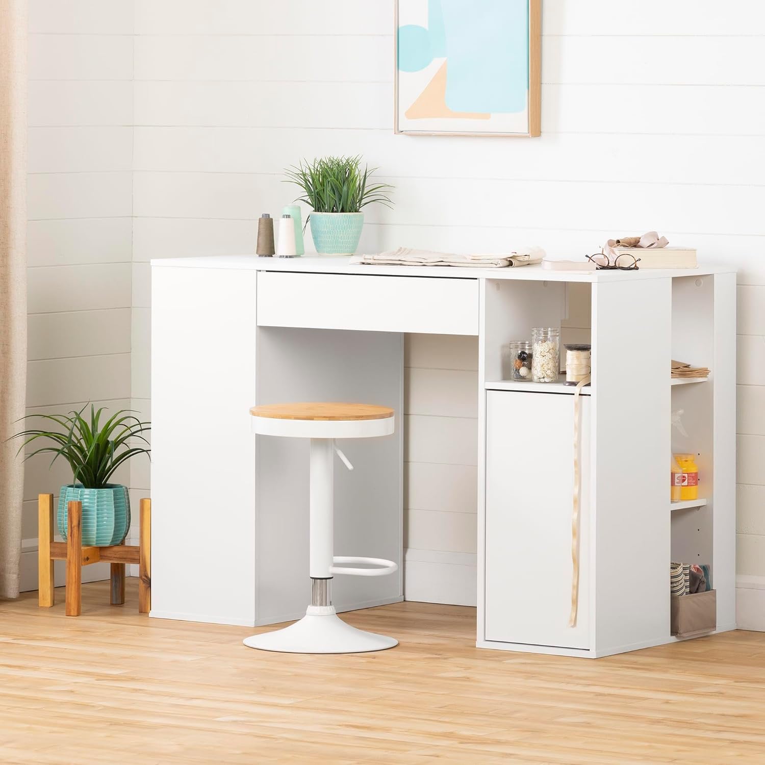 South Shore Crea Counter-Height Craft Table with Scratchproof Surface and Interchangeable Modules - 4 baskets included, Pure White
