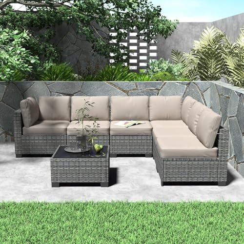 6 Piece Outdoor Patio Furniture Set with Coffee Table, Rattan Deck Conversation Sofa Set