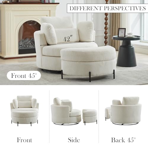 Aoiy & Wifon 42.2" W Oversized Swivel Barrel Chair with Ottoman, Upholstered Round Accent Chair with Storage Ottoman, Chenille, Beige