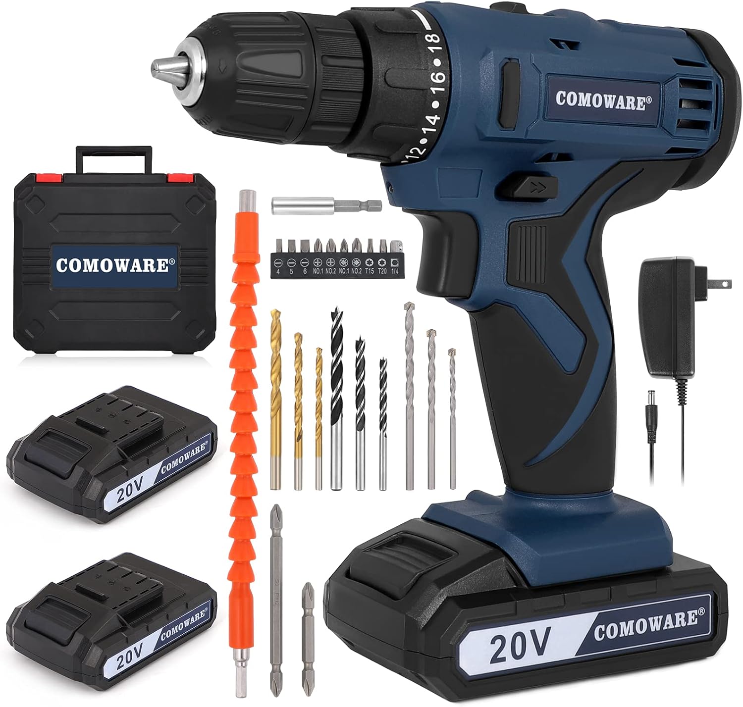 COMOWARE 20V Power Cordless Drill with 2 Li-ion Batteries & Fast Charger, 2 Variable Speed Drill Driver, 3/8” Keyless Chuck, 21+1 Torque Setting