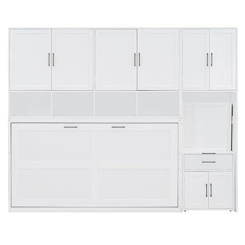 Harper & Bright Designs Twin Size Murphy Bed, Wooden Twin Wall Bed Frame with Closet, Drawers & Desk, White