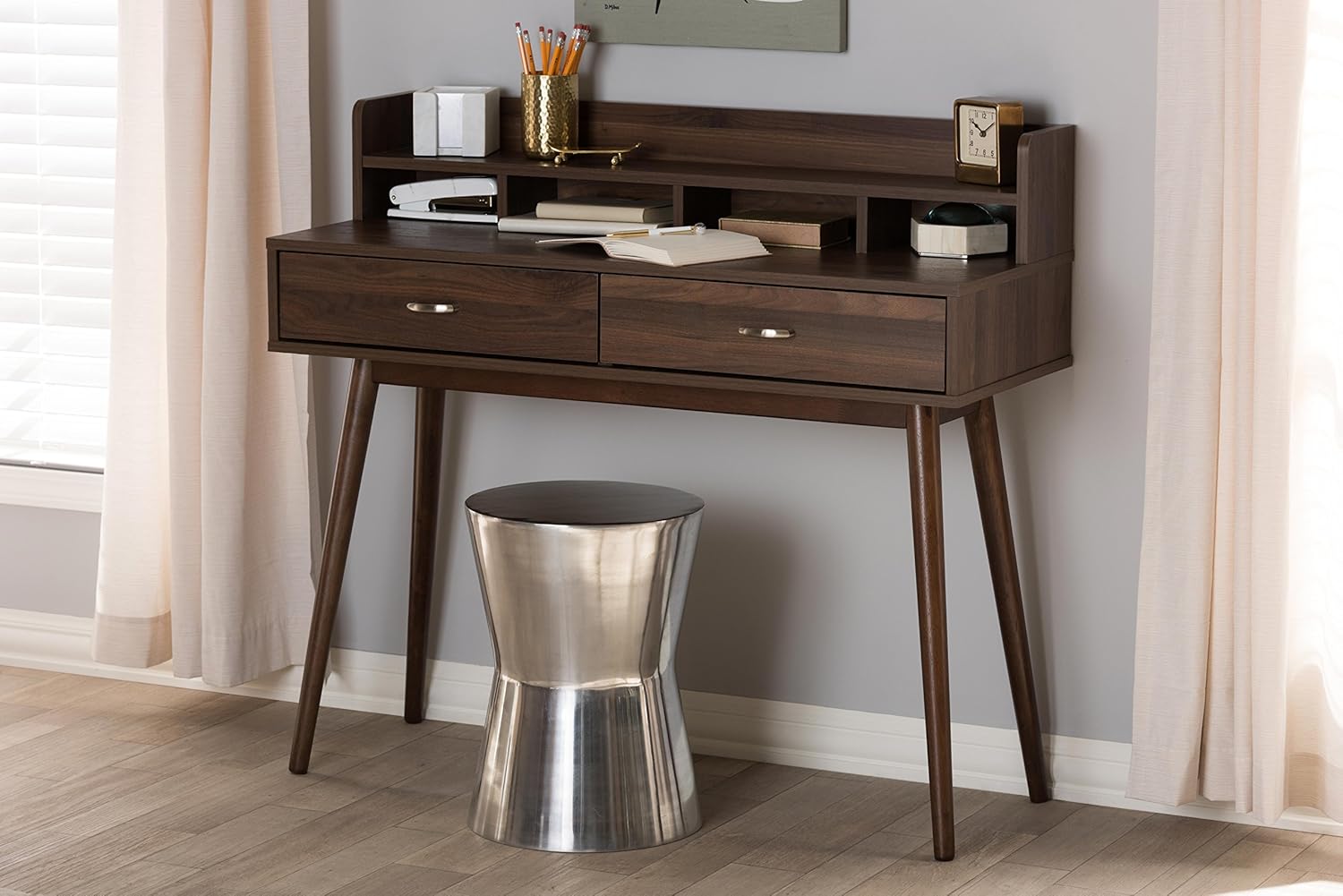 Baxton Studio Sharon Mid-Century Modern Walnut Brown Finished 2-Drawer Desk