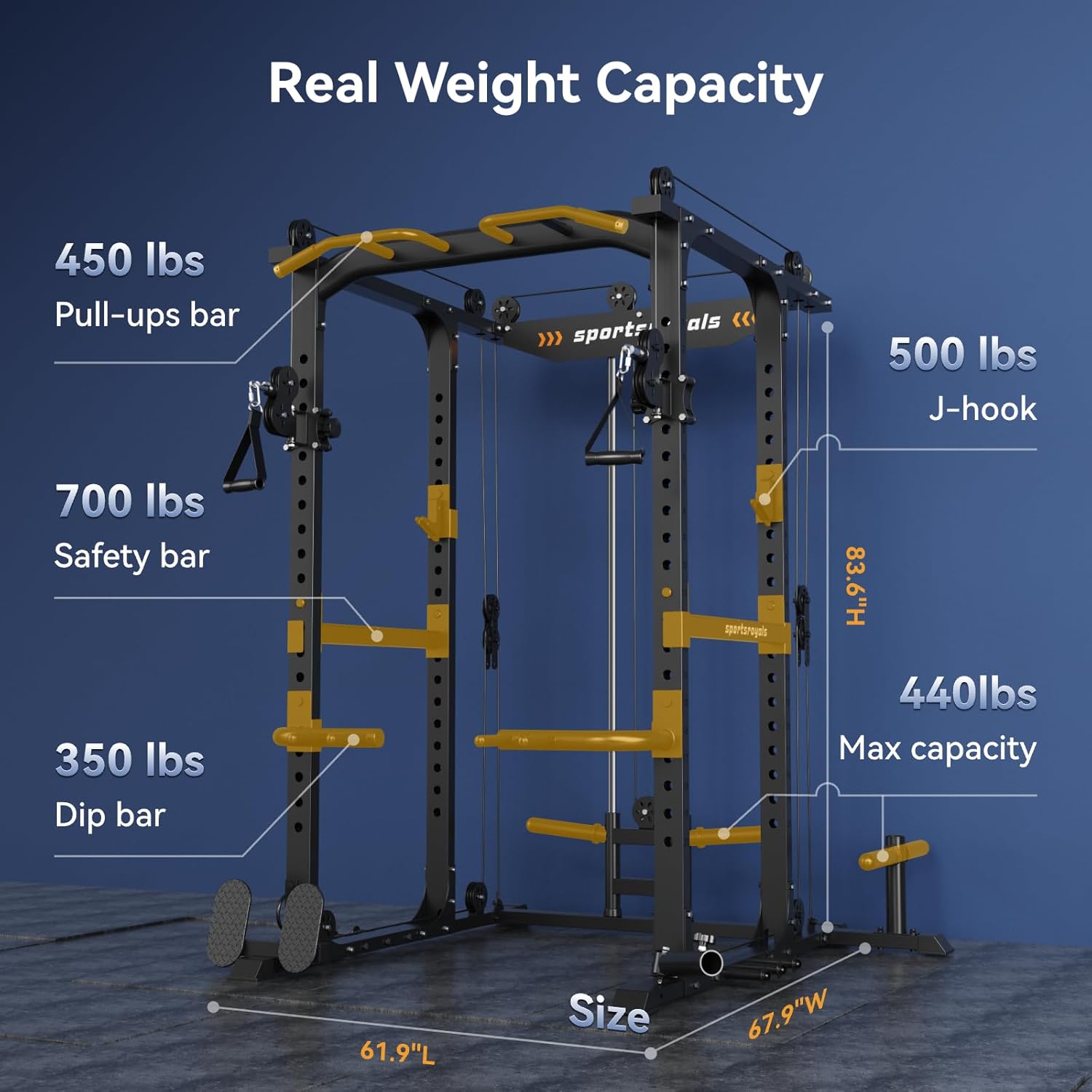 Sportsroyals Power Cage,1600lbs Multi-Function Power Rack with Adjustable Cable Crossover System and More Training Attachment
