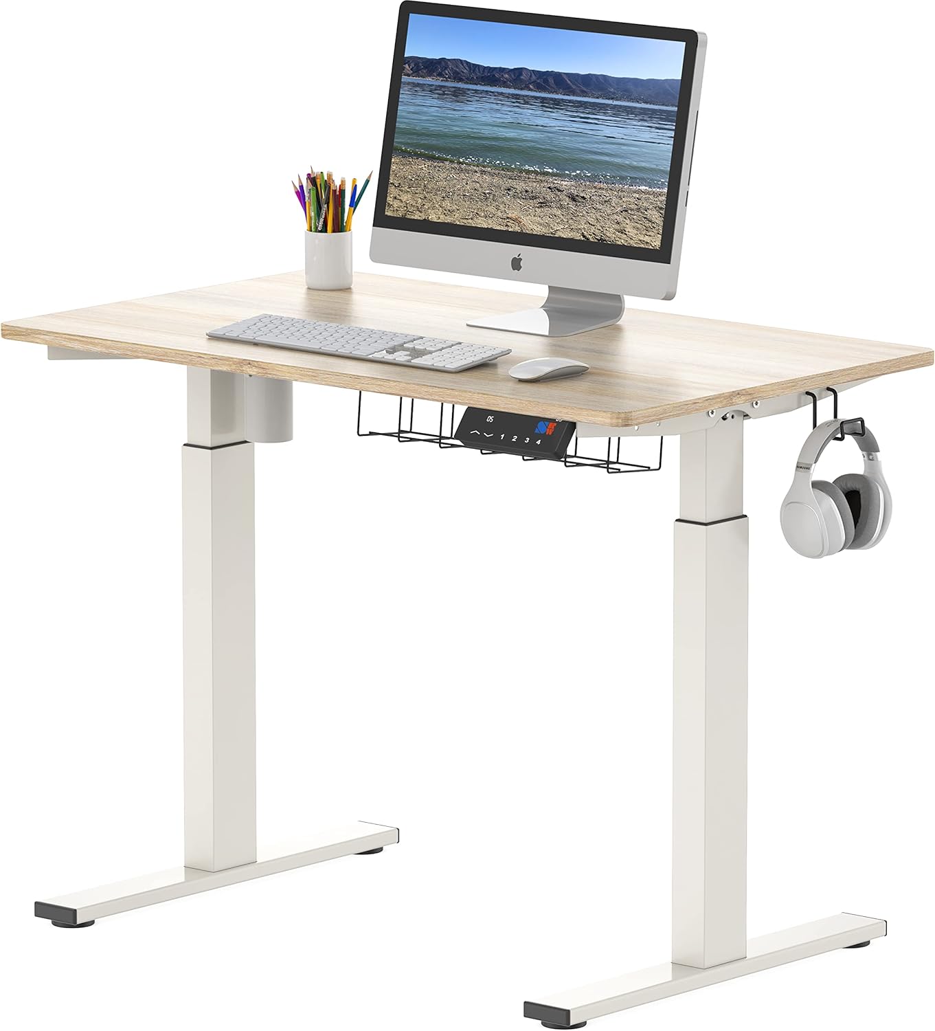 SHW 55-Inch Large Electric Height Adjustable Standing Desk, 55 x 28 Inches, Oak