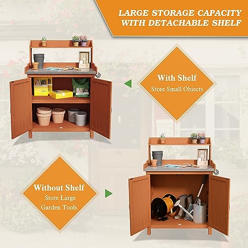 Outdoor Potting Bench with Storage, Wooden Garden Potting Table with Metal Tabletop and Removable Shelf, Potting Work Bench Station for Garden, Patio