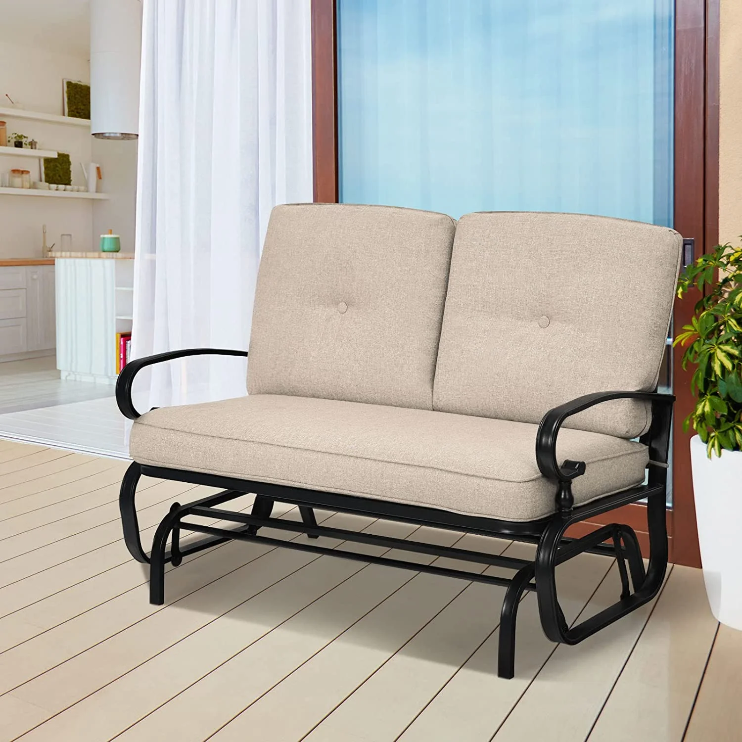 Outdoor Glider Bench Patio Loveseat with Cushions, 2-Person Outdoor Rocking Chair, Porch Glider Swing for Garden, Backyard, Poolsise