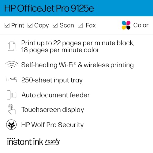 HP OfficeJet Pro 9125e All-in-One Printer, Color, Printer-for-Small Medium Business, Print, Copy, scan, fax,Touchscreen; Smart Advance Scan