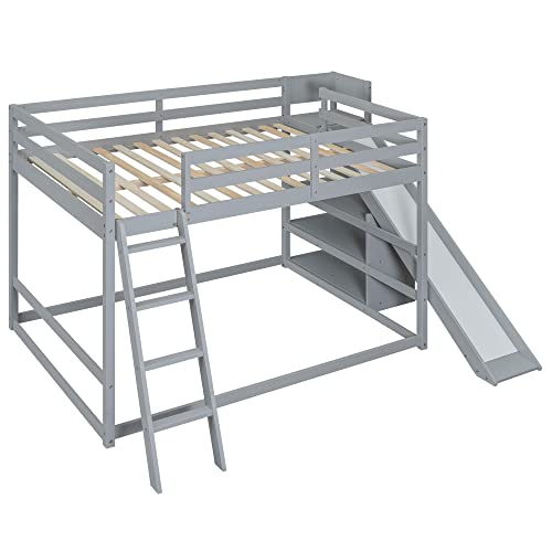 Full-Over-Full Castle Style Bunk Bed with 2 Drawers and 3 Shelves, Wood Bunk Bed Frame with Slide and Storage Staircase for Kids Teens Boys Girls