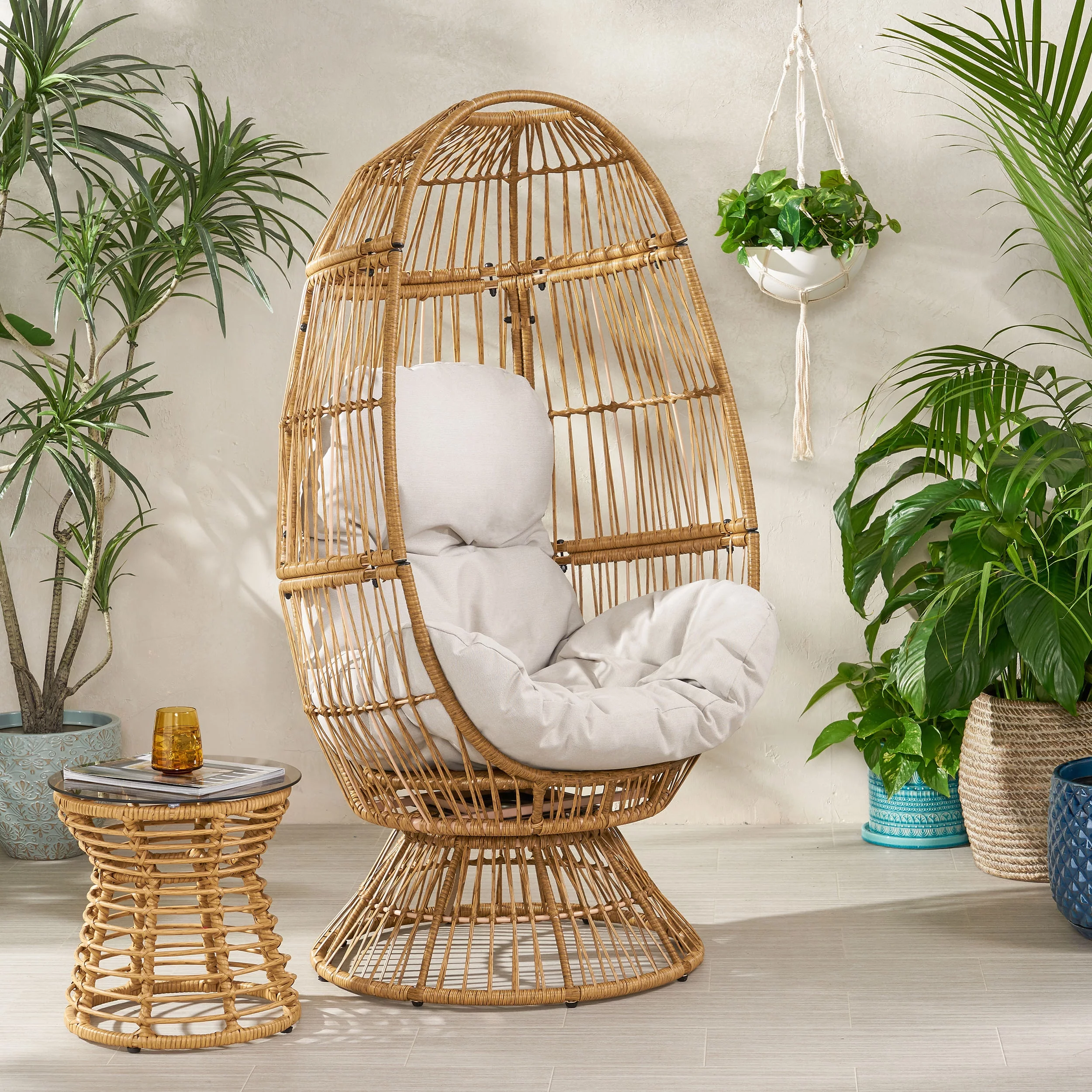 Noble House Adaline Outdoor Wicker Swivel Egg Chair with Cushion, Light Brown, Beige