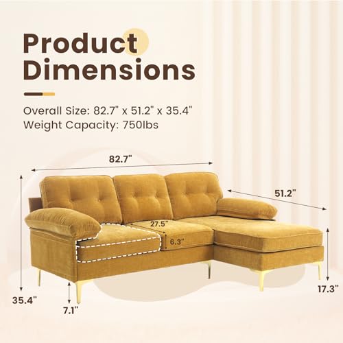 82.7" L Shaped Couch, Small Sectional Sofa Couch for Living Room with Reversible Chaise