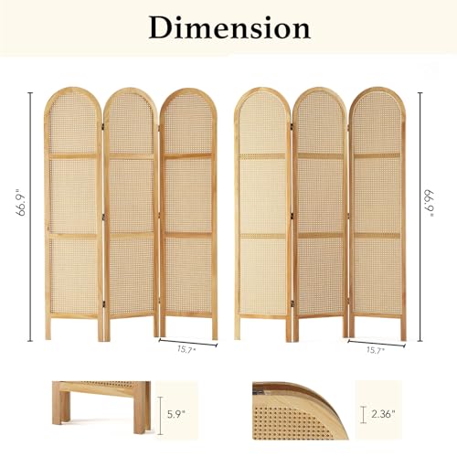 Room Divider and Folding Privacy Screens, Pine Wood 5.6 Ft Double Hinged Rattan Partition Freestanding Wall Room Divider for Home - 3 Panels