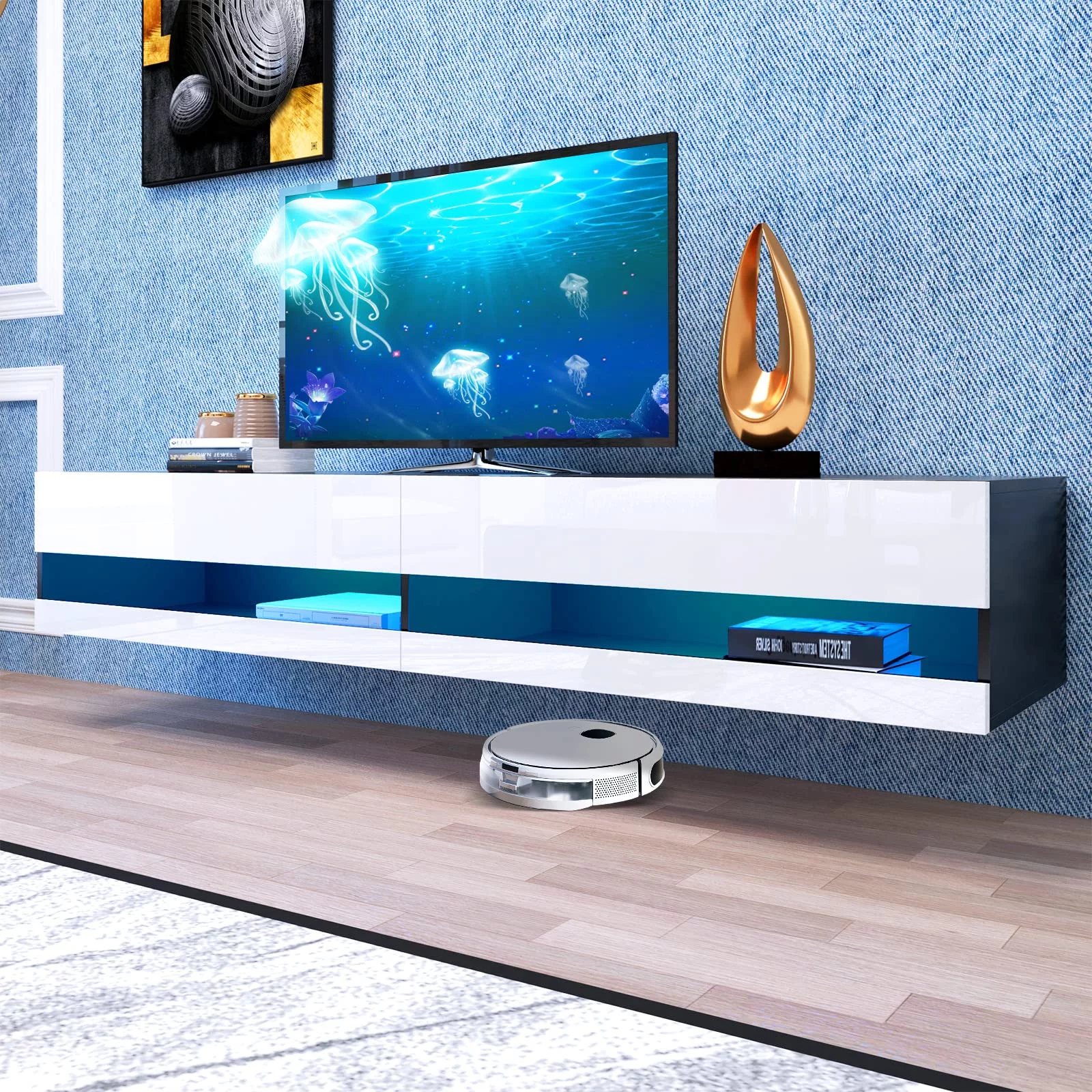 Floating TV Stand Wall Mounted with LED Lights, Floating TV Cabinet for 80 Inch TV
