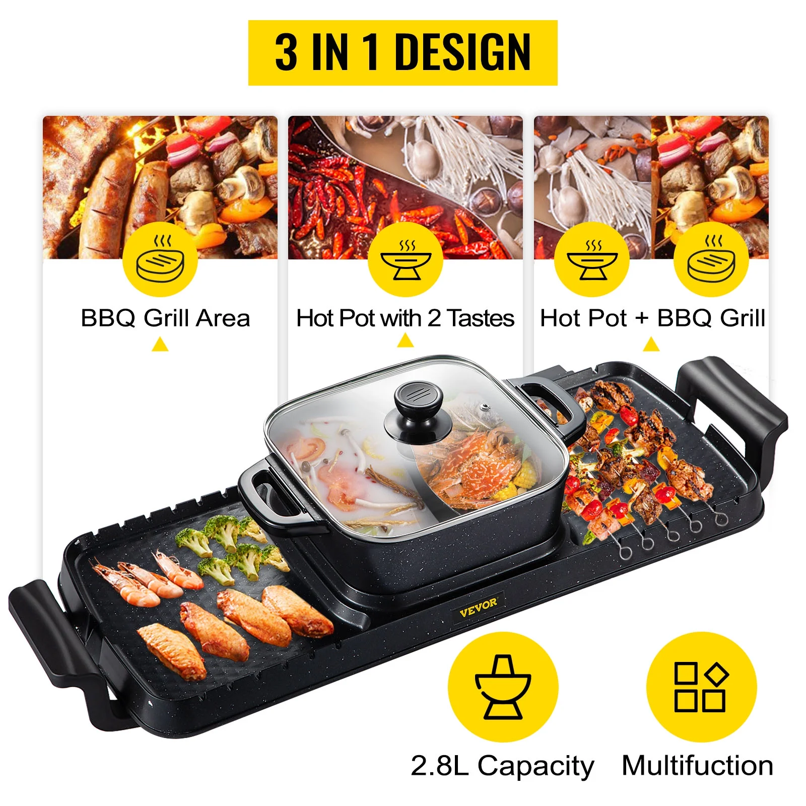 2in1 Electric BBQ Pan Grill Hot Pot 2400W Multifunction Home Portable Smokeless Nonstick Detachable Hot Pot Barbecue Plate