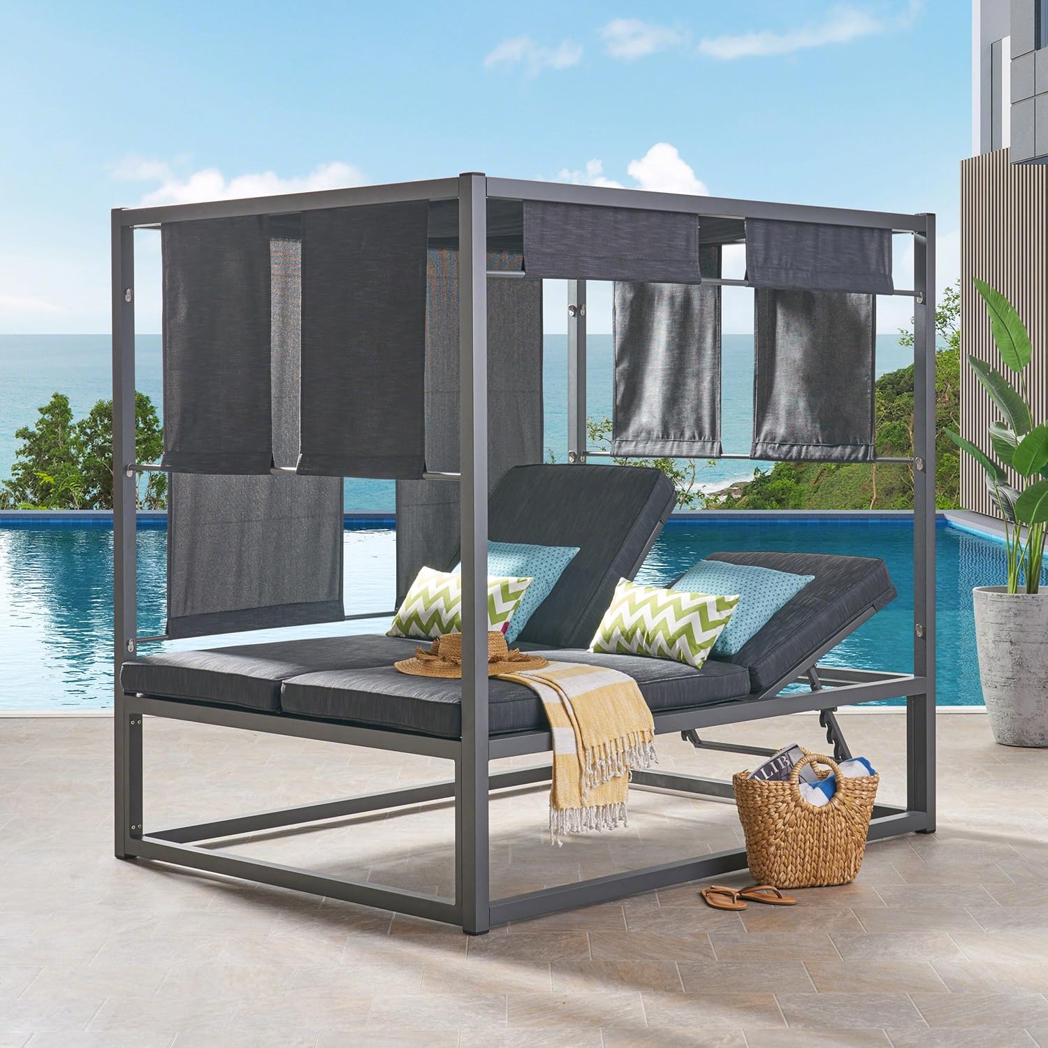Christopher Knight Home 304847 Amos Outdoor Aluminum Daybed with Canopy, Dark Grey Fabric/Grey Frame