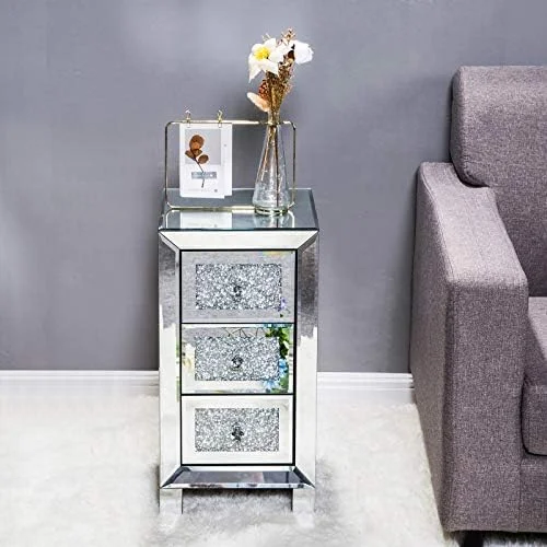 RUNFAYBIU Elegant Mirrored 3-Drawer Dresser with  Front Modern Silver Finish Bedroom Nightstand Stylish  Drawer Chest Organizer for Bedroom Living