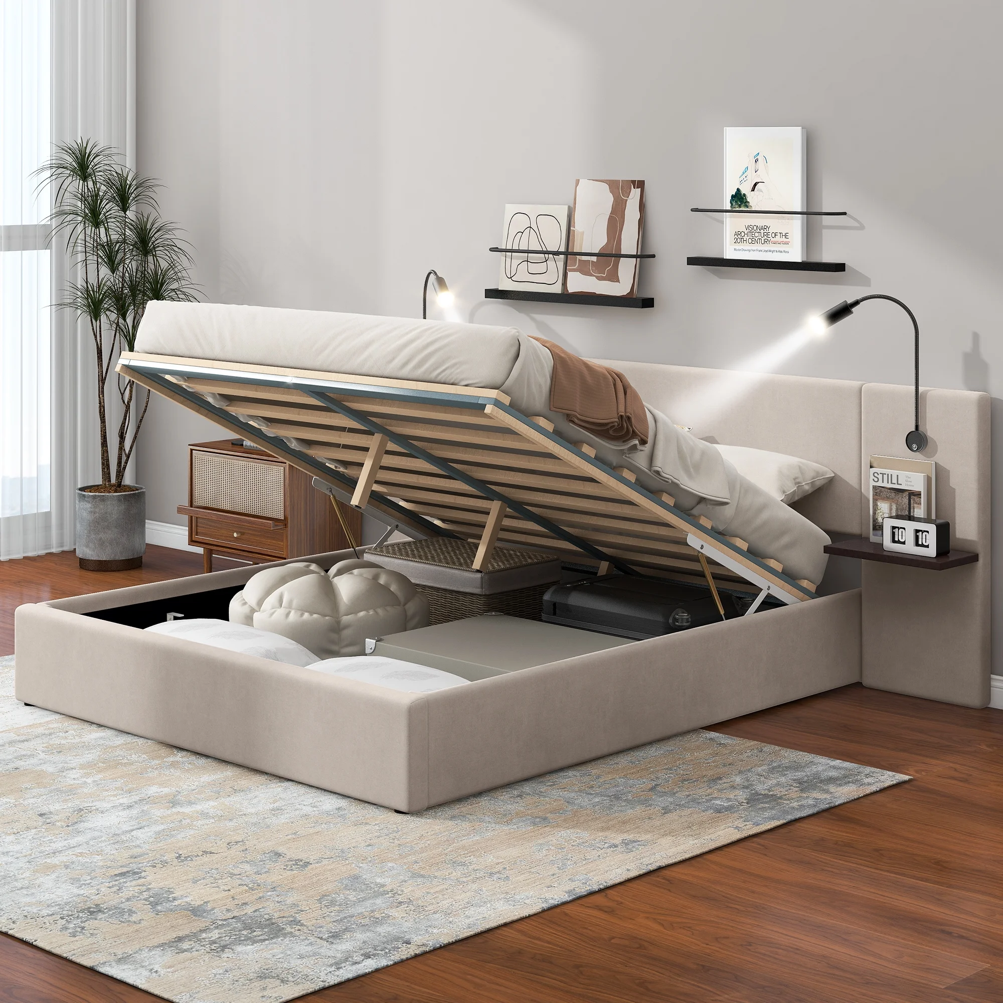 Full Upholstery Platform Bed with Lift up Storage and LED Headboard for Kids, White