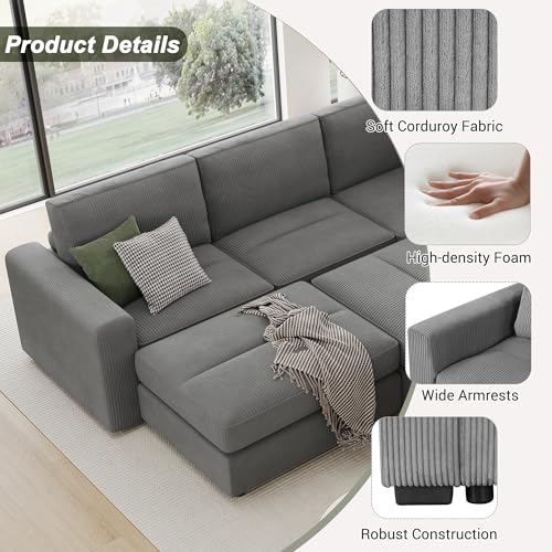 Merax 121.3" Sectional Corduroy Sofa Bed, L-Shape & U-Shape 7 Seat Deep Seating Modular Soft Couch with Two Movable Ottomans for Living Room, Gray