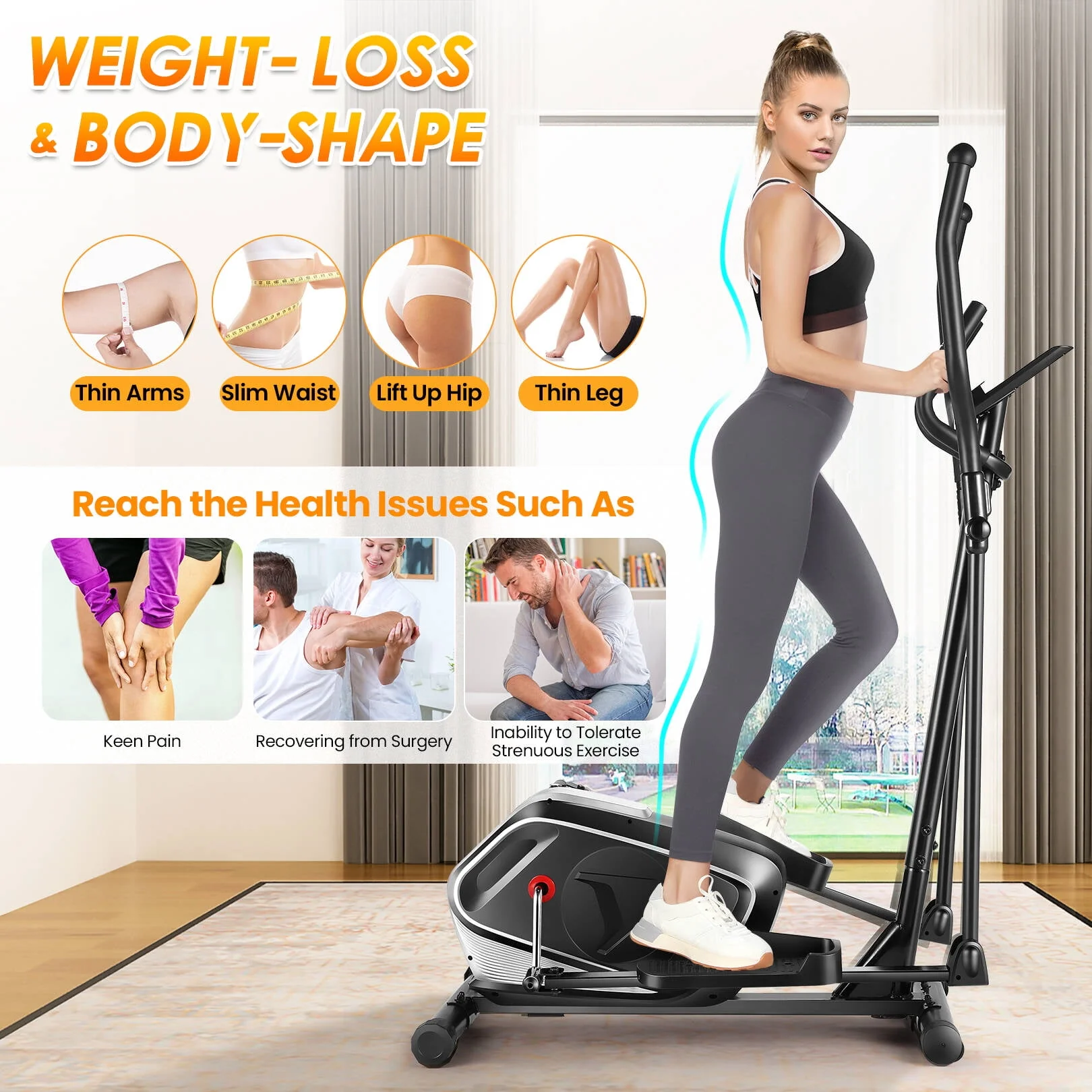 Elliptical Machine 8 Levels Elliptical Trainers with Heart Rate Sensor LCD Monitor Smooth Quiet Driven for Home Gym Office 390lbs Capacity 15inch